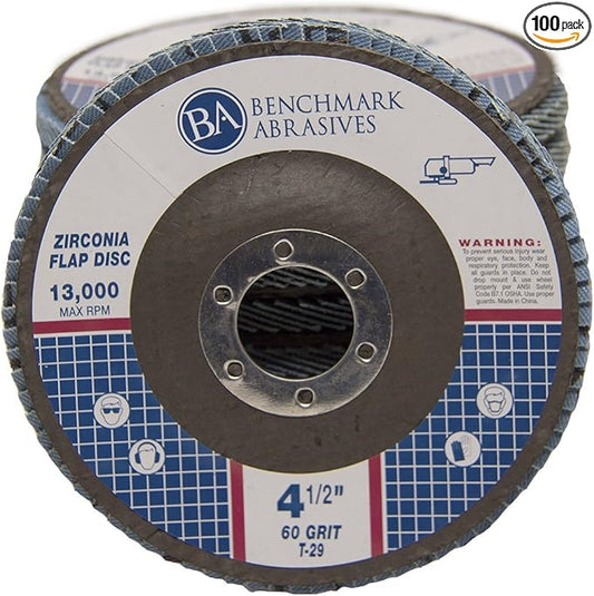 Benchmark Abrasives 4.5" x 7/8" Premium Zirconia T29 Angled Flap Discs 4 1/2 for Angle Grinder, Sanding Discs, Finishing, Rust, Stock Removal- Grinding Wheels 4 1/2 Inch (100 Pack) - 60 Grit