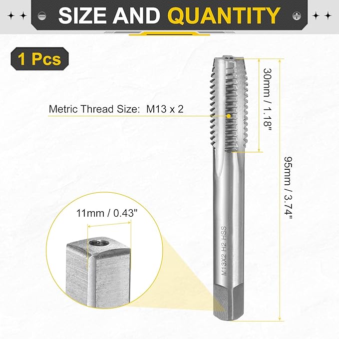 uxcell Hand Plug Tap M13 x 2 H2 Metric Thread Plug Style Taps Straight Flute Screw Tapping Threading Tool High Speed Steel HSS6542