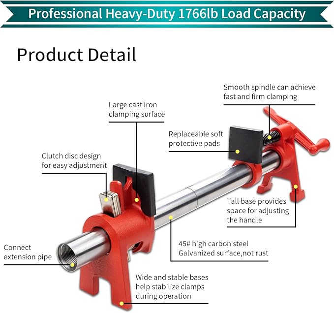 DEEFIINE 3/4 Inch Wood Gluing Pipe Clamp Set with 30" Metal Pipe, 2-Pack Professional H-Style Heavy Duty Quick Release Clamps for Woodworking(2)