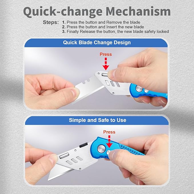 Harita Folding Utility Knife Box Cutter Quick Change Blades, Back-lock Mechanism, Portable Belt Clip, with 5-piece Extra Blades, Blue