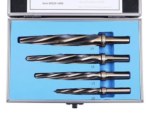 Accusize Industrial Tools 4 Pc H.S.S. Standard Spiral Flute Super Premium Car Reamer Set, 3/8", 1/2", 5/8", 3/4", to Fit 3/8'' or 1/2'' Shank Chuck, 0522-1808