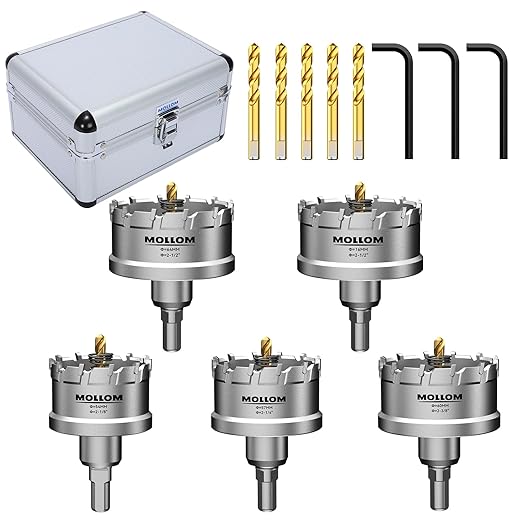 Mollom 5Pcs TCT Carbide Tipped Hole Saw Kit - 54-76mm Hard Metal Cutters with 5 Extra Pilot Drill Bits and 3 Hex Keys for Stainless Steel, Iron, Aluminum, Alloy, Metal