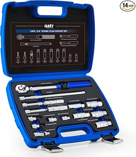 Orion Motor Tech 14pc Spark Plug Socket Set, 3/8 Inch Drive Magnetic Swivel Spark Plug Socket Set with Torque Wrench, Torque Bits, Universal Joint and Extension Bar, 5-45 ft.lb Spark Plug Removal Tool