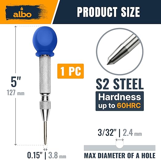 ALBO Spring Loaded Center Punch Tool ??5 Inch Automatic Punch for Metal, Wood & Steel ??Heavy Duty Drill Punch with Non-Slip Comfort Cap, Galvanized Finish & Precision Tip for Accurate Marking (1pc)