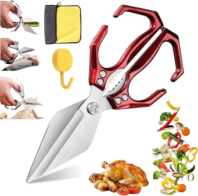 Multifunctional Heavy-Duty Kitchen Shears, Heavy Duty Kitchen Scissors with Ergonomic Handle,High-Carbon Steel Japanese Scissors for Chicken,Meat,Seafood,Bone Cutting (1*Red)