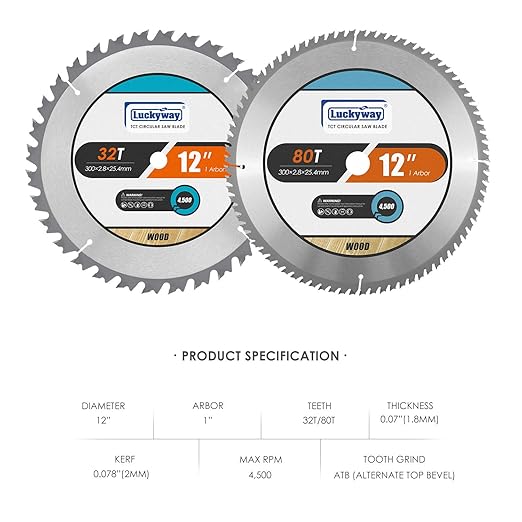Luckyway 12 Inch Miter Saw Blades 32T General Purpose & 80T Fine Finish with 1 Inch Arbor TCT (Tungsten Carbide Tipped) Saw Blade for Cutting Wood 2-Pack