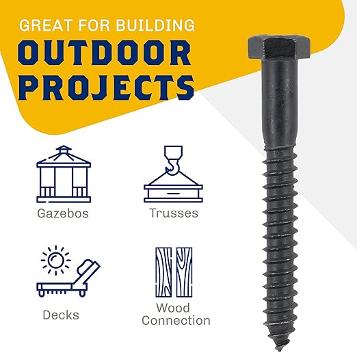 1/2" x 5?? 25-Piece Black Lag Bolts, Rustproof 4-Layer Ceramic BLAKOTE, 2X Protection of Galvanized Lag Screws, for Decks Pergolas by Makers Bolt
