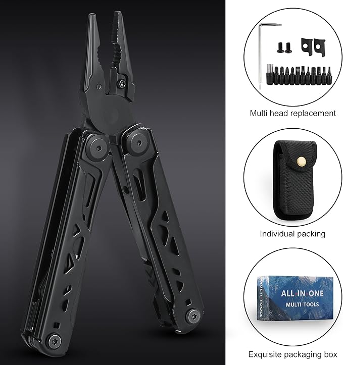 28-in-1 Multitool Pliers, Stainless Steel Multi Tool with Pocket Clip, Self-Locking, Replaceable Wire Cutters, and Precision Screwdriver, Foldable EDC Multi-Tool for Outdoor, Repair, Camping, Hiking