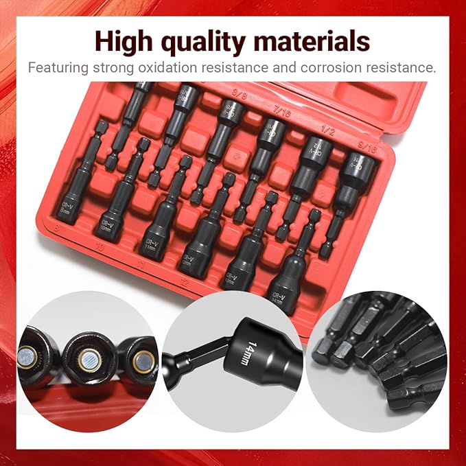 12-Piece Magnetic Nut Driver Set,Impact Power Hex Nut Driver Drill Bit Master Kit, SAE(1/4"-9/16") & Metric(8mm-14mm) Size, 1/4??Quick Install & Release, Cr-V Steel
