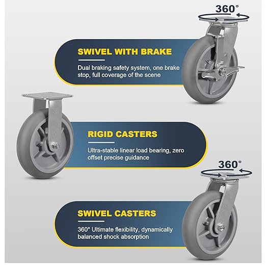 8inch Caster Wheels, Thermoplastic Rubber Wheels(Crown Tread), 700 Lbs Per Casters No Noise, Plate Caster for Furniture Platform Trucks Workbench (1 Pack Swivel)