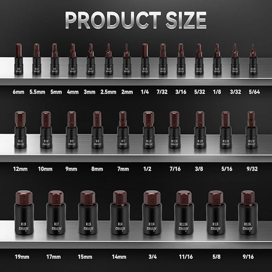 DISEN 32-Piece HEX Bit Socket Set, SAE & Metric Allen Wrench Socket Set with Enhanced Storage Case, Premium Heat Treated Chrome Vanadium Steel & S2 Alloy Steel