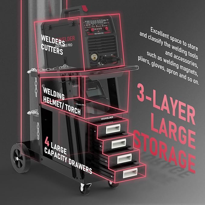 YESWELDER Welding Cart with 4 Drawers for MIG Welder TIG Welder and Plasma Cutter, Heavy Duty Large Storage 360째 Rolling Welding Trolley