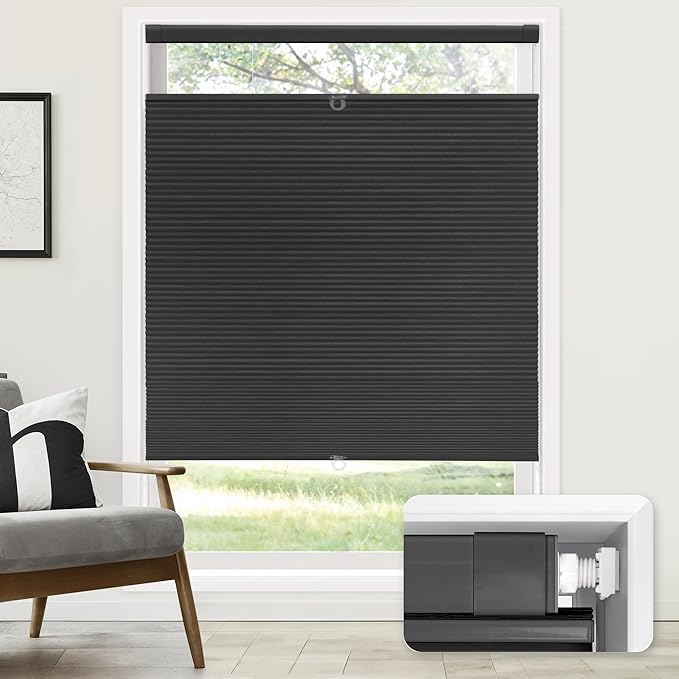 LazBlinds No Tools No Drill Cordless Cellular Shades, Top Down Bottom Up (TDBU) Honeycomb Shades for Home, Blackout Light Blocking Thermal Insulation Blinds for Windows, 25" W x 64" H, Black