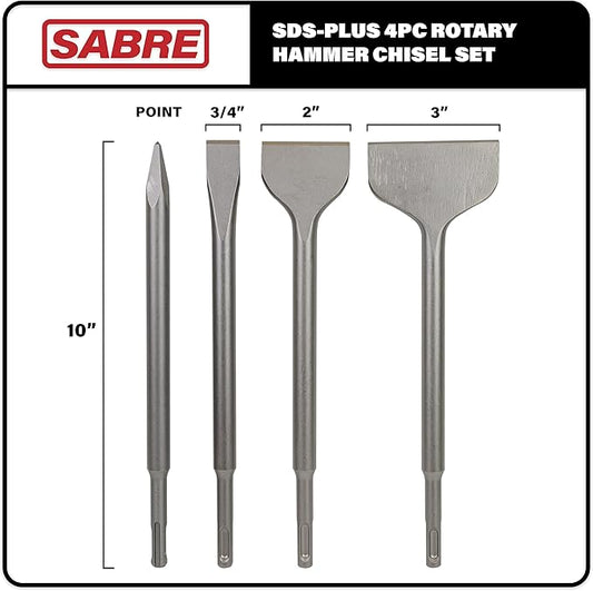 SDS Plus 4-Piece Chisel Set, Thinset Scraping Bit 3??x 10??Thinset Scaling Chisel, Point Chisel, Flat Chisel, Wide Chisel - SDS Chisel Bits for Hammer Drills ??Tile Removal