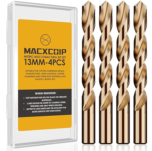 Metric 4Pcs M35 Cobalt Drill Bit Set, 13mm HSS Cobalt Jobber Drill Bits, for Hardened Metals, Stainless Steel, Cast Iron and Wooden Plastics