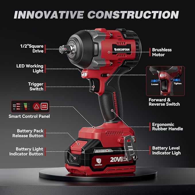 ARCCAPTAIN Cordless Impact Wrench, 1000Ft-lbs (1350N.m) 1/2" High Torque Impact Gun, 15C High-Rate 2x4.0Ah Batteries, 20V Power Impact Driver, Supports Up to 40mm Socket for Heavy Truck/Car/Pickup