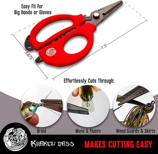 Kraken Bass Fishing Scissors - Fits Big Hands or Gloves for Cutting Braided Fishing Line & Modifying Baits Rust Proof