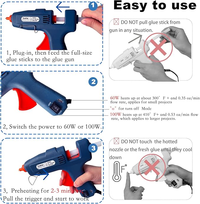 Full Size Hot Glue Gun with Case, 60W/100W/OFF Switch, 9.8ft Extra-long Power Cord Industrial Glue Gun with 2 Nozzles, 15 Glue Sticks, Dual Power High Temp Hot Melt Glue Gun Large for Craft, Deep Blue