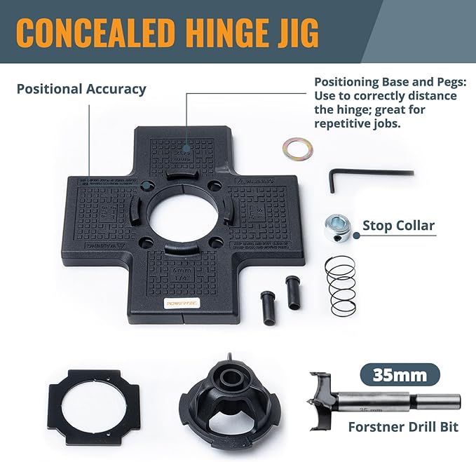 POWERTEC Cabinet Hinge Jig w/ 35mm Forstner Bit, Concealed Hinge Jig for Cabinet Door Mounting & Cabinet Hardware Installation, Woodworking Tools for Cabinet Hinges Installation (71847V)