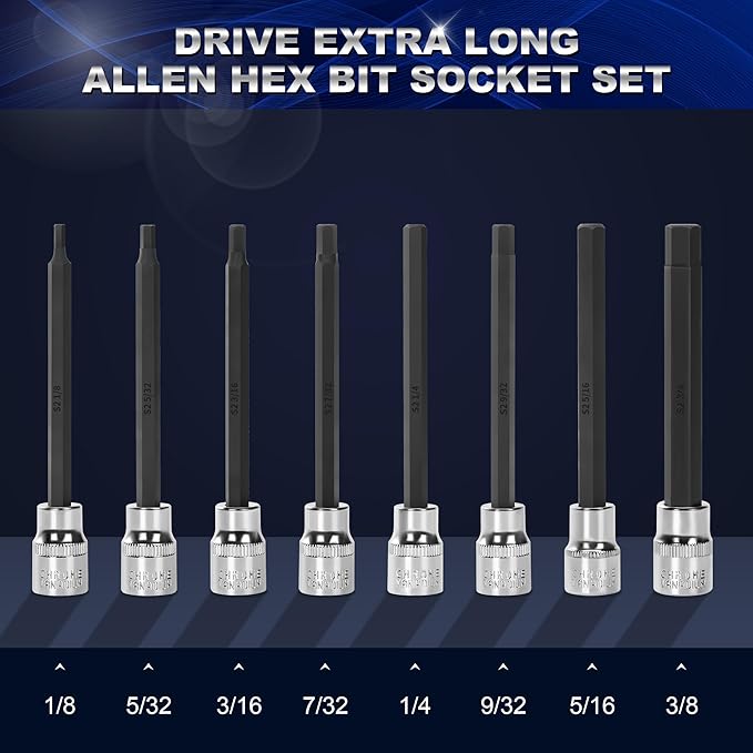 19-Piece 3/8 Inch Drive Extra Long Allen Hex Bit Socket Set, Standard SAE (1/8" - 3/8") & Metric(3mm-12mm)