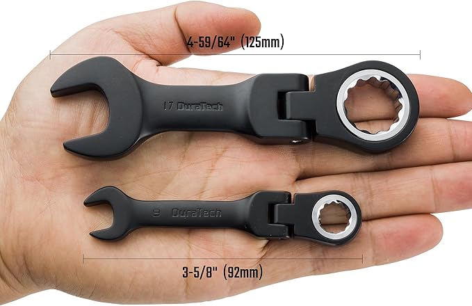 DURATECH Stubby Flex-head Ratcheting Combination Wrench Set, 8-piece, Metric, 9 to 17mm, CR-V Steel, Black Electrophoretic Coating, with Rolling Pouch