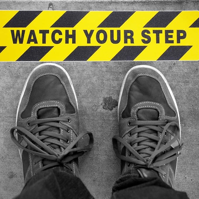 5 Pieces Watch Your Step Warning Sticker Adhesive Tape Anti Slip Abrasive Tape for Workplace Safety Wet Floor Caution, 6 by 24 Inches (Black and Yellow)