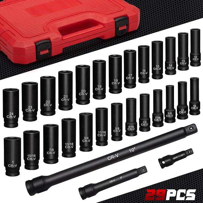 1/2" Drive Impact Socket Set 29-Piece, Cr-V-M Steel Deep Socket SAE(3/8" - 1") & Metric(10-24mm) Sizes, with Extension Bar Come with Storage Case