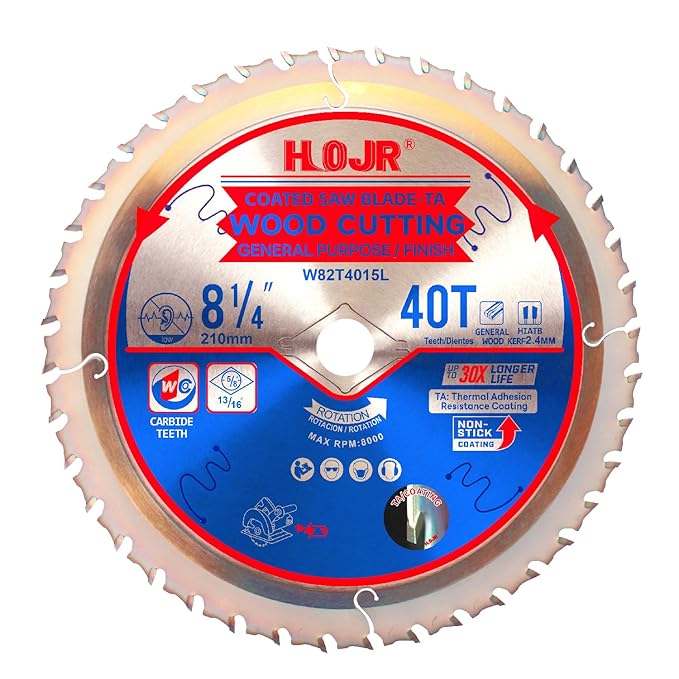 Circular Saw Blade Woodworking TA Series, 8-1/4" 40-Tooth, Arbor: 5/8", Finishing/General Purpose Wood Cutting, Anti-Thermal Adhesion Coating on Cutting Head -TA, 8-1/4" 40T TA
