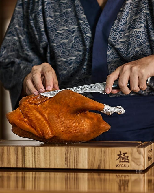 KYOKU Knife Set, Shogun Gin Series 2pc Japanese Style Kitchen Knife Set for Cooking, 7" Boning 12" Slicing Knife with Silver Ion Blade Sheath Gift Box, Ultra Sharp Damascus Stainless Steel Knives