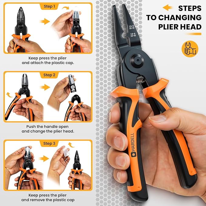 HARDELL Wire Cutter, Quick-Change Heads for Wire Stripper, Cable Cutters, Wire Crimper, Linesman Pliers, Scissors, Multifunctional 5 IN 1 Pliers with Storage Case for Electricians & DIY, 8 Inch