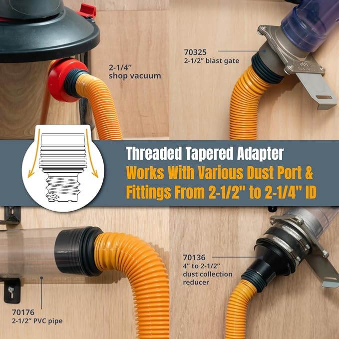 POWERTEC Power Tool Hose Kit with 20??Vacuum Hose, 4 Quick Change Adapters & Threaded Coupler ??Dust Collector Hose Kit for Connecting Table Saw, Power Tools to Shop Vacuums and Dust Collection System