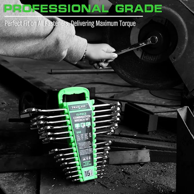 SWANLAKE GARDEN TOOLS 15-Piece SAE Wrench Set, V Notch Premium Combination Wrenchs Set, SAE 1/4" to 1", Max Torque, 12-Point, Chrome Vanadium Steel, with Storage Rack