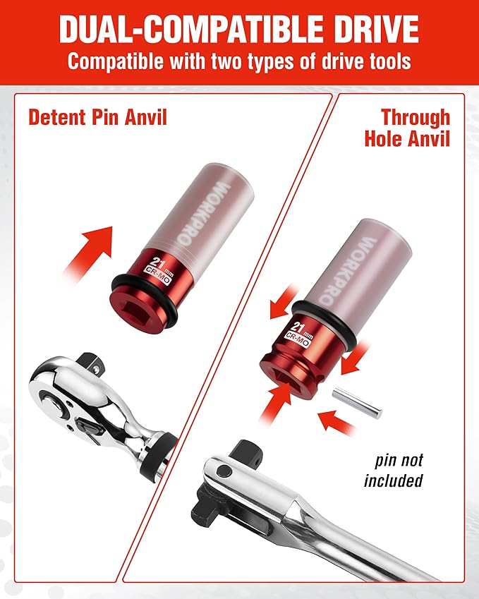 WORKPRO 1/2" Drive Lug Nut Impact Duty Socket, 21mm Deep Thin Wall Socket, Made of Premium Cr-Mo Steel, Non-Marring Lug Nut Wheel Sockets for Car