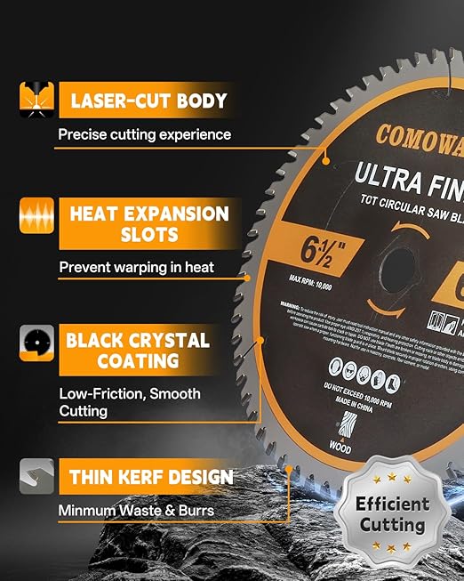 COMOWARE 6 1/2“ Circular Saw Blade, 60T ATB Circular Saw Blade, 5/8" Arbor, TCT Carbide-Tipped, Anti-Vibration, Teflon Anti-Stick, Miter Saws Blades for Wood, Laminate, Plywood & Hardwoods
