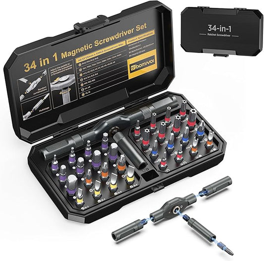 Magnetic Screwdriver Set 34 in 1, New DIY Ratchet Screwdriver Set with 32 PCS Bits, T Handle, Storage Case, Portable Repair Tool Kit for Men Furniture, Electronics, Computer, Bicycle