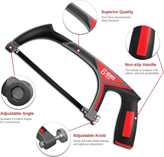 HAUTMEC 6” Pro Mini Hacksaw, Compact Aluminium Frame Hand Saw with 6 Adjustable Cutting Angles, Includes 1 Bi-Metal Blade for Metal, Wood, PVC – HT0145