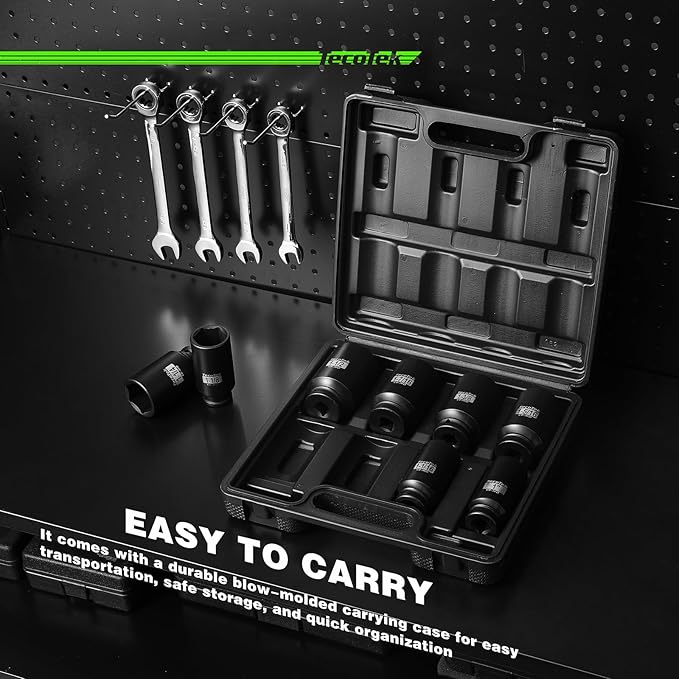 1/2" Drive Deep 6-Point Impact Socket Set, 8-Piece Standard SAE Spindle Axle Nut Impact Socket Set, Cr-Mo, 1-Inch to 1-1/2-Inch Size