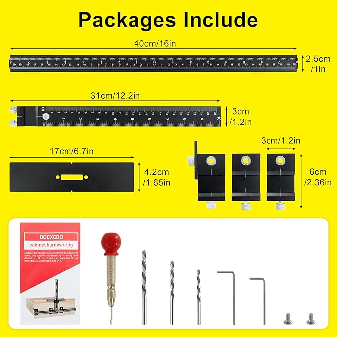 Aluminum Alloy Cabinet Hardware Jig - Precision Drilling Guide Tool for Cabinet Door/Drawer Handle & Knob Installation with 3 Drill Bits & Auto Punch, Hardware Jig for Woodworkers DIY