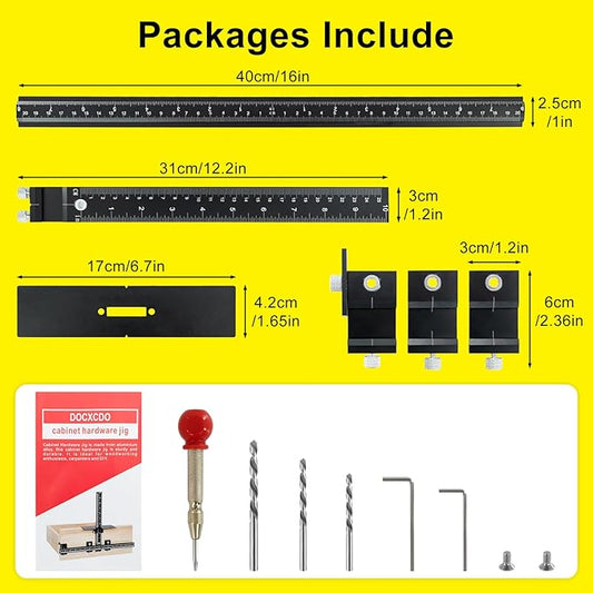 Aluminum Alloy Cabinet Hardware Jig - Precision Drilling Guide Tool for Cabinet Door/Drawer Handle & Knob Installation with 3 Drill Bits & Auto Punch, Hardware Jig for Woodworkers DIY