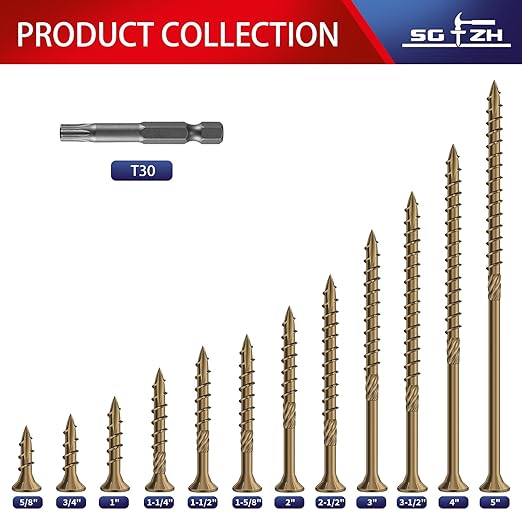 #14 x 8 Inch Deck Screws (17Pcs) 1lb. Carbon Steel, Yellow, Flat Head, Rust Resistant epoxy Coated, with T30 Star Bit