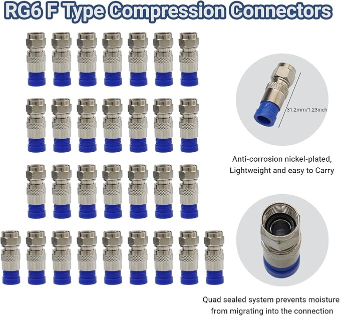 Coax Cable Crimper and F RG6 RG59 Connectors 30Pcs F Male And 10Pcs Female to Female with Coaxial Compression Tool Kit Wire Stripper