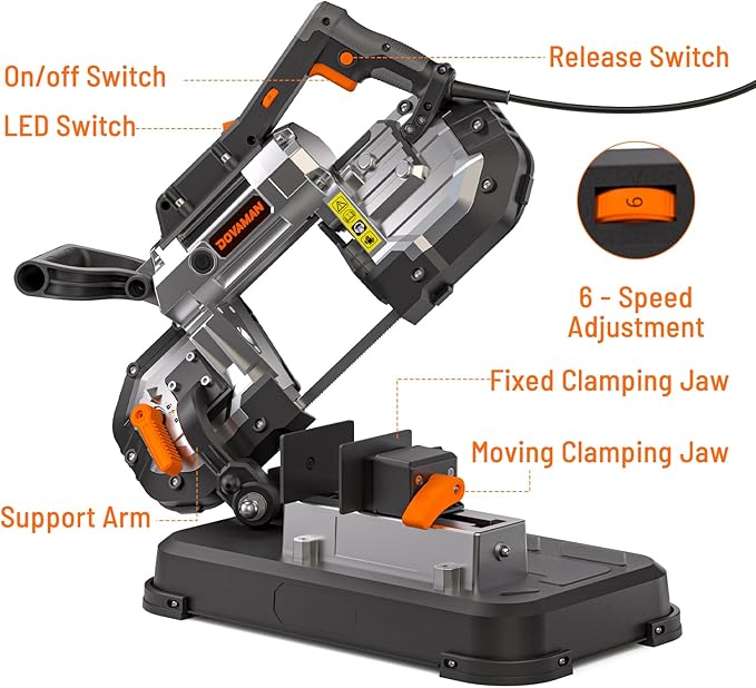 DOVAMAN Portable Bandsaw, 10A 5 Inch Cutting Capacity Handheld Corded Band Saw, 6-Speed 0째- 45째 Adjustable Angle Band Saws, For Woodworking For Cutting Metal, Includes 2 Saw Blades