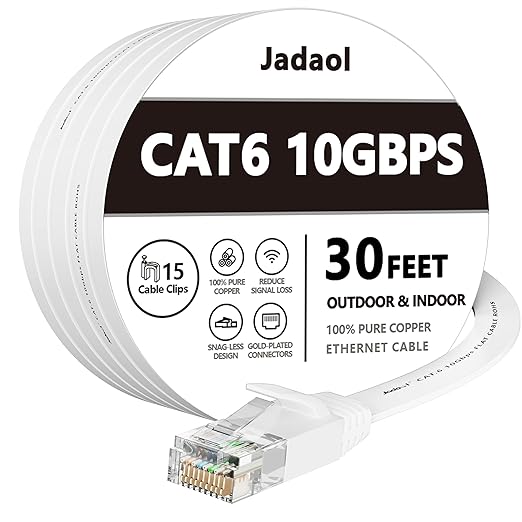 Jadaol Cat 6 Ethernet Cable 30 ft, 10Gbps Support Cat8 Cat7 Network, Flat RJ45 LAN Patch Cable, High-Speed Wired Internet Cable for Router, Modem, Switch, Gaming Consoles, PC, Streaming Devices, White