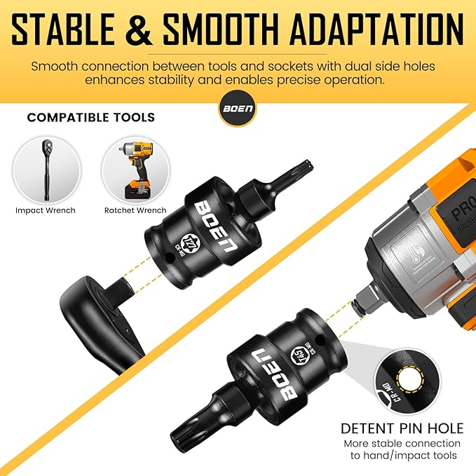 boen 3/8" Drive Universal Torx Bit Socket Set, 7-Piece SAE Impact Swivel Star Bit Sockets, 360째 Rotation Flexible Wobble Torx Bit Driver Socket Set, With Storage Rail, CR-MO Steel