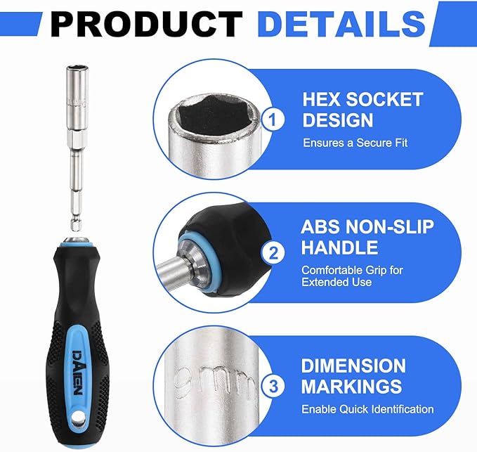 HARFINGTON Metric Nut Driver 9mm CR-V Non-Magnetic Detachable Tip Hollow Shafts Hex Socket Screwdriver with Anti-Slip Handle for Automobile Repair Bit Driver, Blue/Black