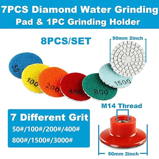 2inch 50mm Diamond Water Grinding Pad, 7 Different Grit 50#-3000# Wet Sanding Discs & M14 Thread Hook & Loop Backing Holder for Detail Fine Buffing Polishing (8Pcs/Set)