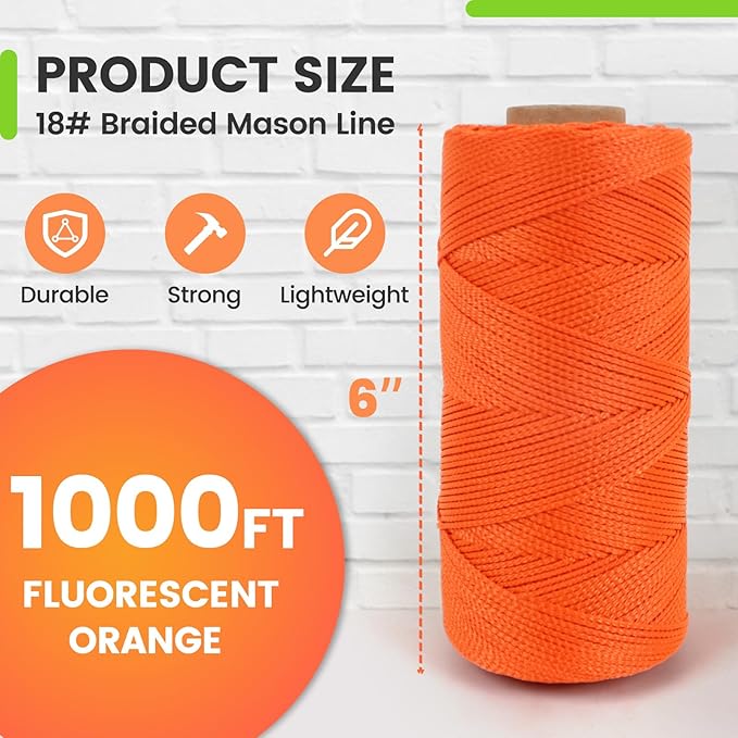 MERIANE Mason Line, 1000 Ft #18 Braided Nylon String, Premium String for Masonry Jobs, Construction, Gardening, Net Making and Mending, DIY Projects, Fluorescent Orange