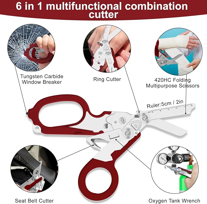 6 in 1 Multifunctional Combination Tool, Folding Retractable Emergency Shears, Outdoor Camping Tools, Seat Belt Cutter, Oxygen Cylinder Wrench, Complimentary Adjustable Wrench (red)