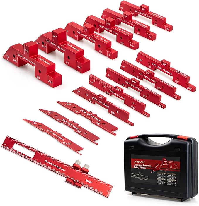 MHY 15 PCs 6061-T651 Aluminum Table Setup Blocks for Woodworking |Height, Depth, Angle & Fence Alignment Gauge Set with Laser-Marked and Durable Storage Case