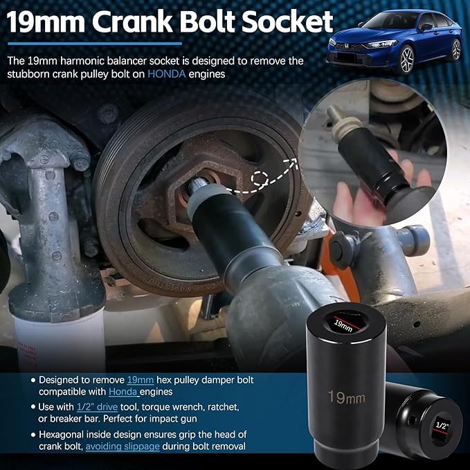 Harmonic Balancer Socket Tool 77080 for Honda 19mm Crank Bolt Socket, 3 Times Momentum Power of Standard Impact Sockets, Deep Counter-Weighted Design Increased Torque